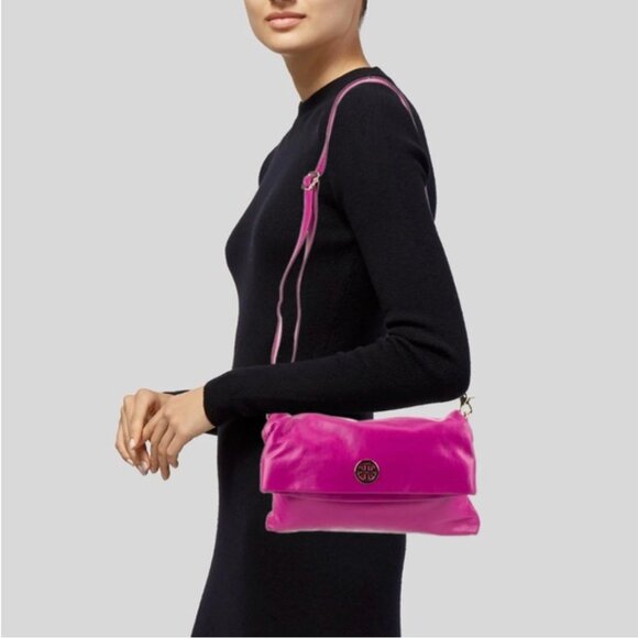 Tory Burch Handbags - Tory Burch Dina Purse Leather Crossbody Bag Fold Over Convertible Pink Gold